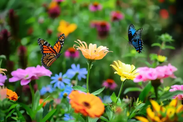 Ein blühender Blumengarten mit farbenfrohen Blüten, die eine Vielzahl von Schmetterlingen anlocken, erzeugt AI