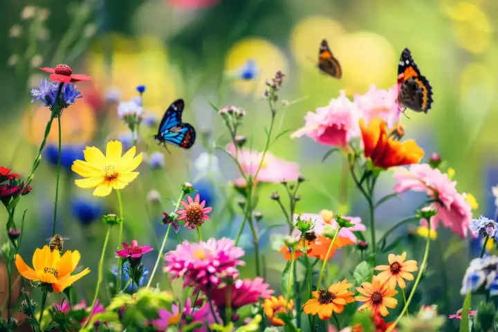 Ein blühender Blumengarten mit farbenfrohen Blüten, die eine Vielzahl von Schmetterlingen anlocken, erzeugt AI