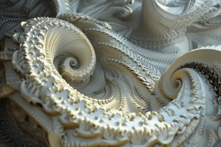 Eine fraktale Kunst in 3D mit faszinierenden Formen und Kurven, die AI generiert hat