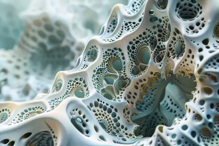Eine fraktale Kunst in 3D mit faszinierenden Formen und Kurven, die AI generiert hat