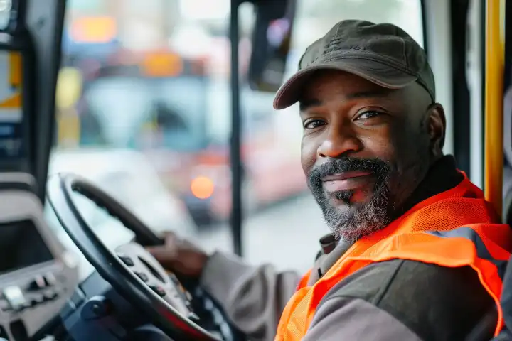 Ein freundlicher Busfahrer bei der Arbeit, generiert mit KI