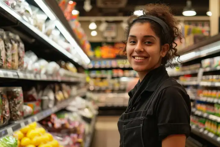 Eine freundliche Verkäuferin in einem Supermarkt, generiert mit KI