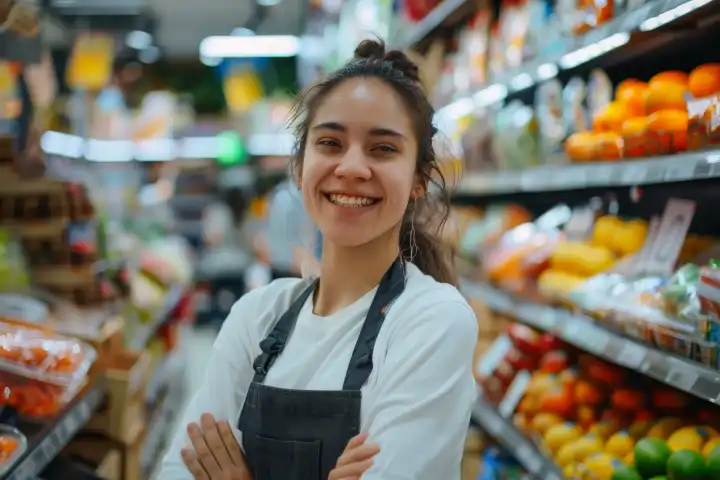 Eine freundliche Verkäuferin in einem Supermarkt, generiert mit KI