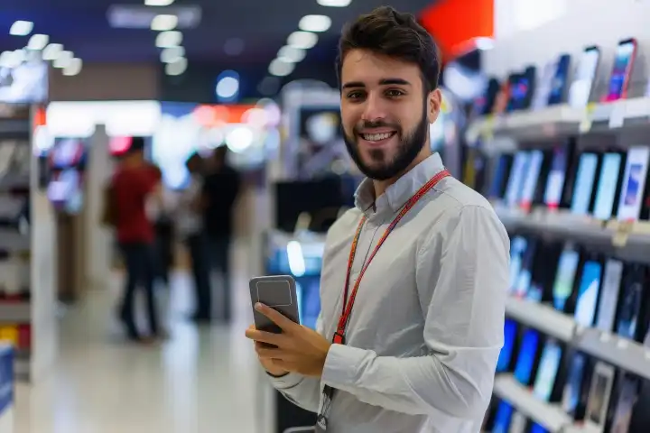 Ein freundlicher Smartphone-Verkäufer in einem Geschäft, generiert mit KI