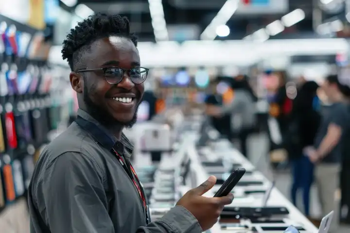 Ein freundlicher Smartphone-Verkäufer in einem Geschäft, generiert mit KI