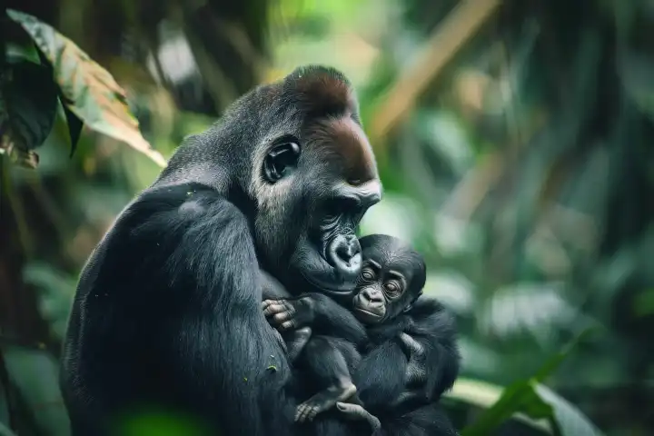 Eine sanfte Gorillamutter, die ihr Baby im Arm hält, erzeugt AI