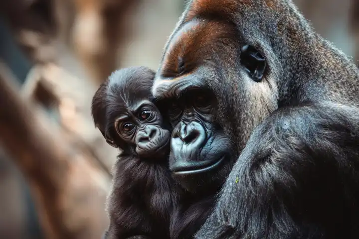 Eine sanfte Gorillamutter, die ihr Baby im Arm hält, erzeugt AI