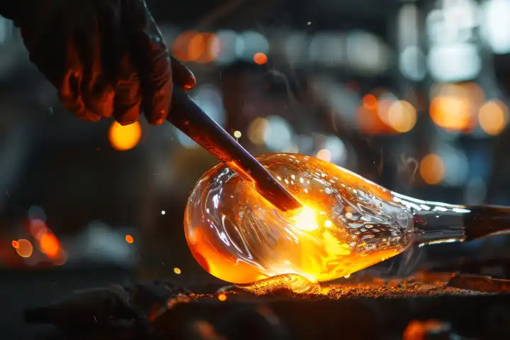 Ein Glasbläser, der geschmolzenes Glas mit einer Glasmacherpfeife und Werkzeugen kunstvoll formt, generiert mit KI
