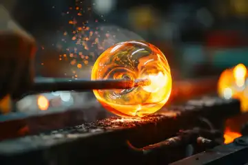 Ein Glasbläser, der geschmolzenes Glas mit einer Glasmacherpfeife und Werkzeugen kunstvoll formt, generiert mit KI