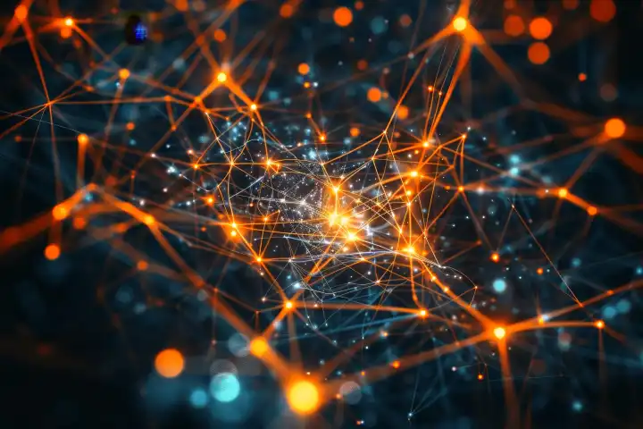 Ein leuchtendes Netz aus miteinander verbundenen Linien und Knoten, die zeigen, dass AI neuronale Netze erzeugt