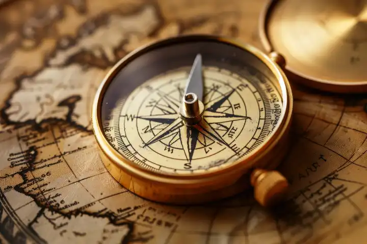 Ein goldener Kompass mit einer Nadel, die AI zeigt, erzeugt