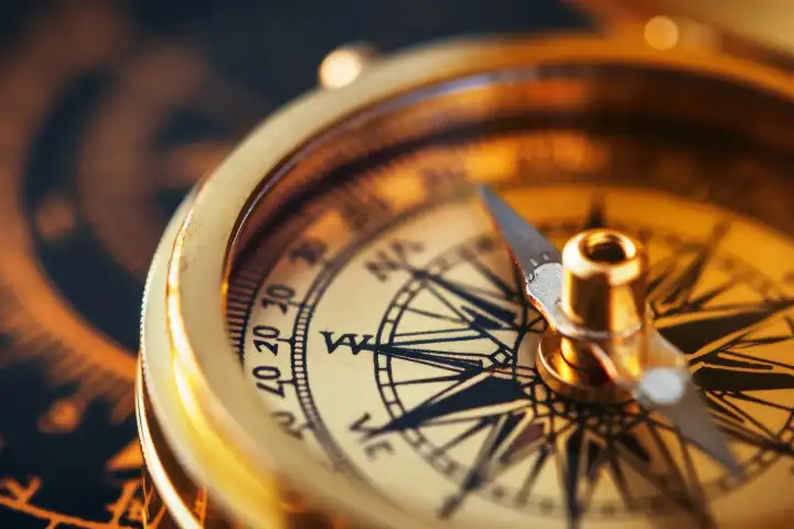 Ein goldener Kompass mit einer Nadel, die AI zeigt, erzeugt