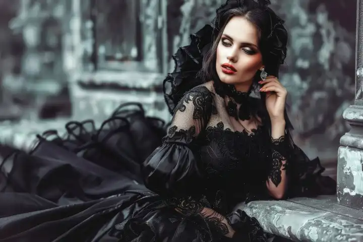 A gothic goddess woman wearing a spectacular black dress, generated with AI
