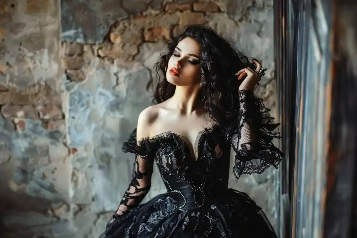 Eine gotische Göttin, die ein spektakuläres schwarzes Kleid trägt, generiert mit KI