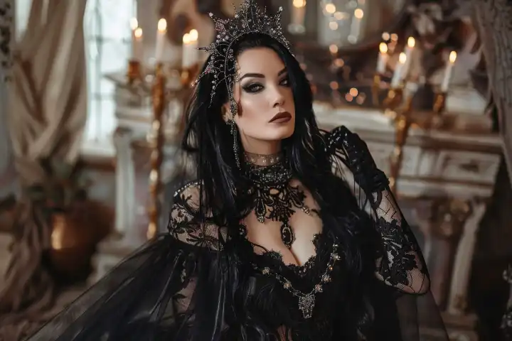 A gothic goddess woman wearing a spectacular black dress, generated with AI