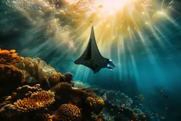 Ein anmutiger Mantarochen, der durch ein kristallklares Korallenriff gleitet und das Sonnenlicht durch das Wasser filtert, generiert mit KI