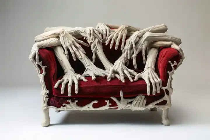 Ein groteskes Sofa aus menschlichen Armen und Händen, generiert mit KI