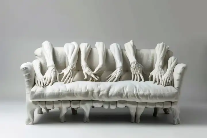 Ein groteskes Sofa aus menschlichen Armen und Händen, generiert mit KI