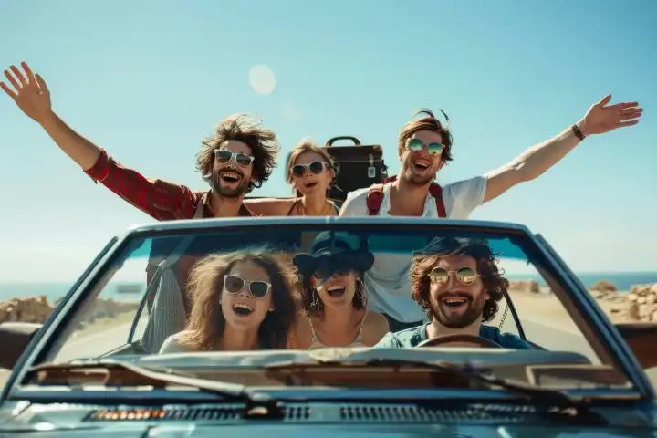 Eine Gruppe von Freunden lacht in einem Cabrio mit Gepäck auf der Rückbank, generiert mit KI