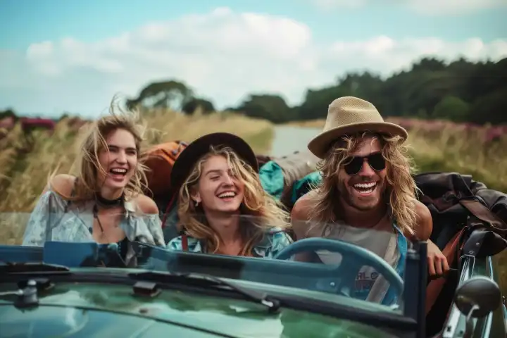 Eine Gruppe von Freunden lacht in einem Cabrio mit Gepäck auf der Rückbank, generiert mit KI