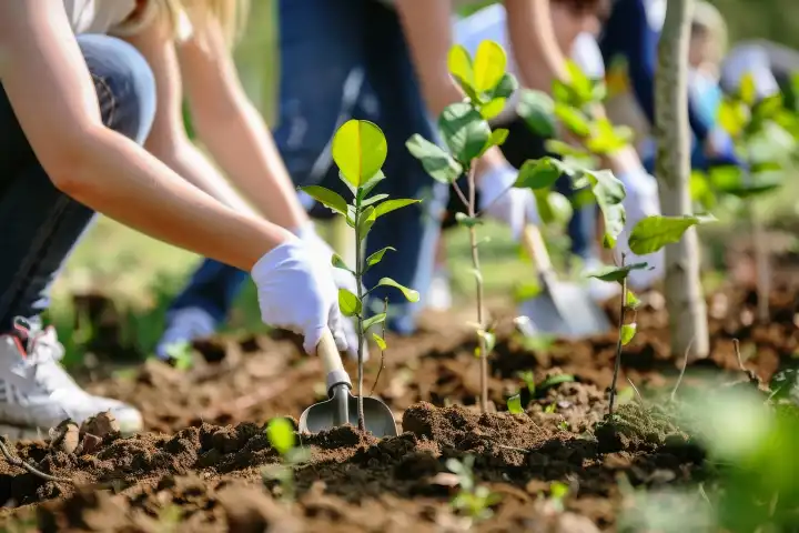 Eine Gruppe von Freiwilligen pflanzt Bäume in einem örtlichen Park mit Schaufeln und jungen Setzlingen in der Hand, generiert mit KI
