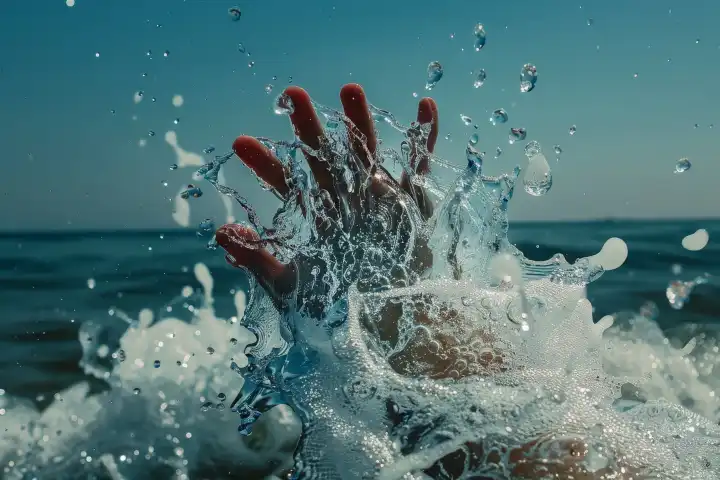 Eine hilfsbedürftige Hand taucht aus den plätschernden Meereswellen auf, generiert mit KI