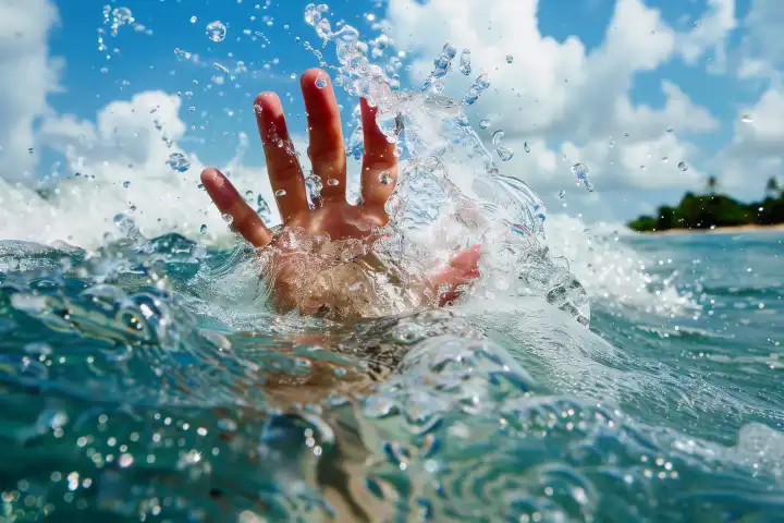 Eine hilfsbedürftige Hand taucht aus den plätschernden Meereswellen auf, generiert mit KI