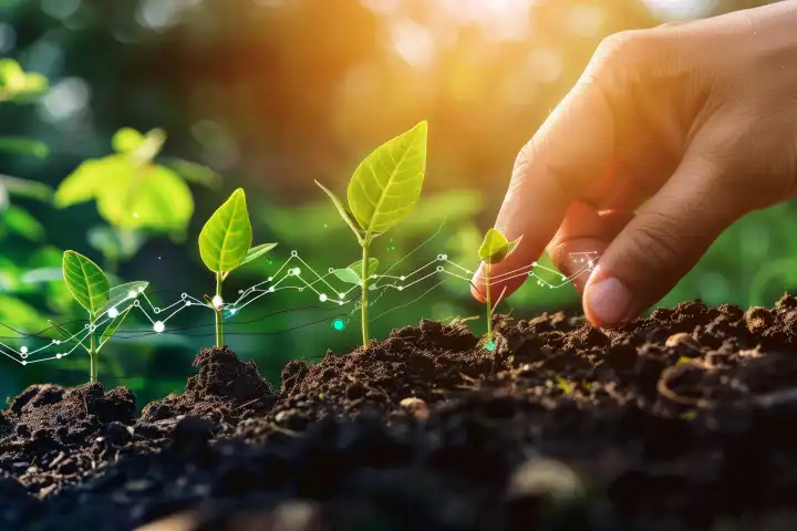 Eine Hand, die ein Samenkorn in fruchtbaren Boden pflanzt, und ein Börsenchart, das als Keimling erscheint, generiert mit KI