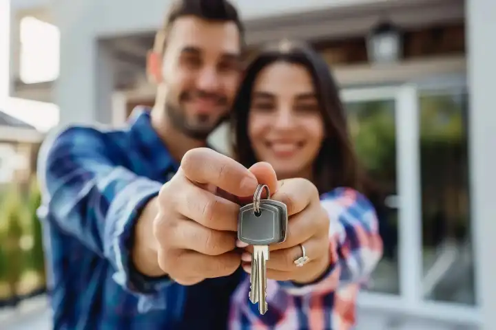 Ein glückliches Paar mit Schlüsseln vor einem schönen neuen Haus, generiert mit KI