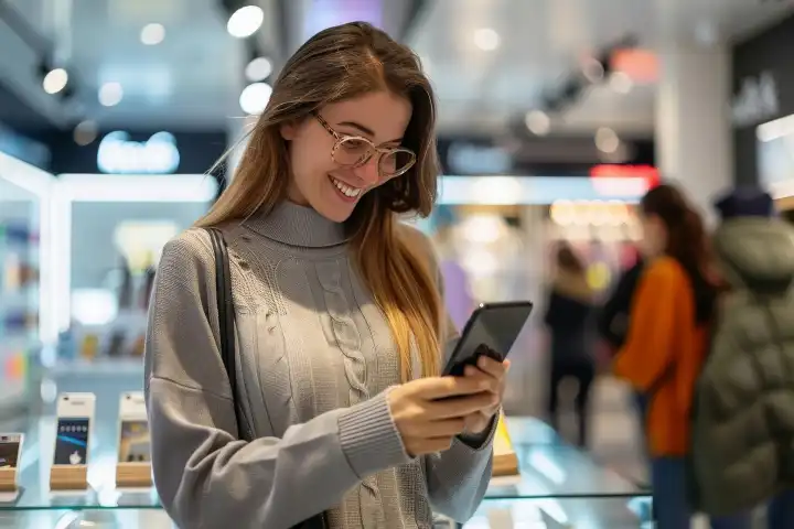Ein zufriedener Kunde, der sich in einem Geschäft die neuesten Smartphone-Modelle ansieht, generiert mit KI