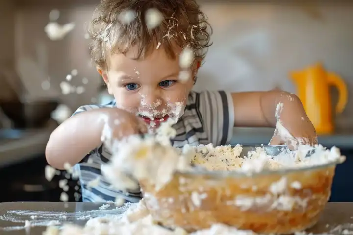 A kid makes a mess in the kitchen while making a cake, generated with AI