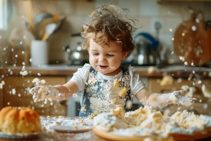 A kid makes a mess in the kitchen while making a cake, generated with AI