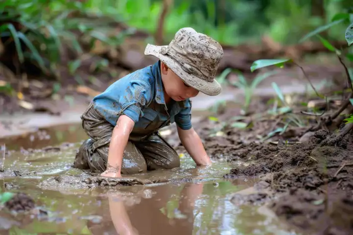 A kid playing in the mud being dirty all over, generated with AI
