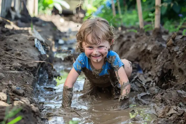 A kid playing in the mud being dirty all over, generated with AI