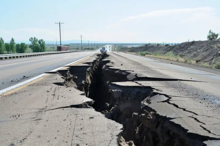 Ein großer Riss geht nach einem Erdbeben quer durch eine Autobahn, generiert mit KI