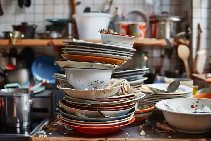 Ein großer Haufen schmutzigen Geschirrs zum Abwaschen in einer Küche, generiert mit KI