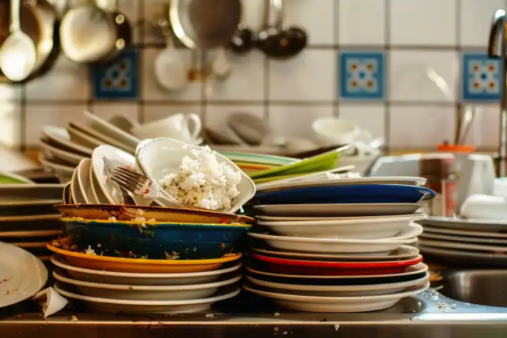 Ein großer Haufen schmutzigen Geschirrs zum Abwaschen in einer Küche, generiert mit KI