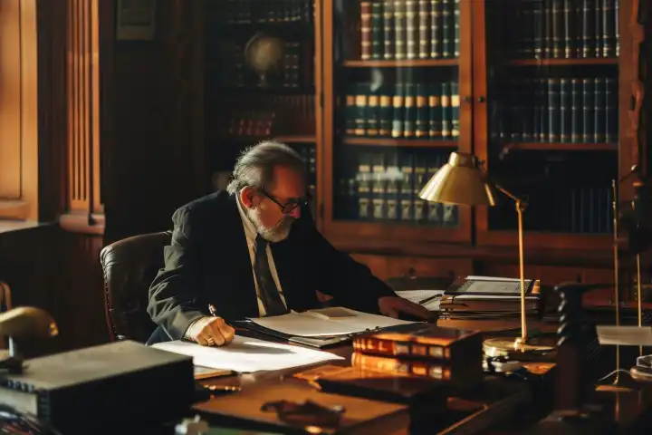 Ein Anwalt bei der Arbeit an seinem Schreibtisch, generiert mit KI