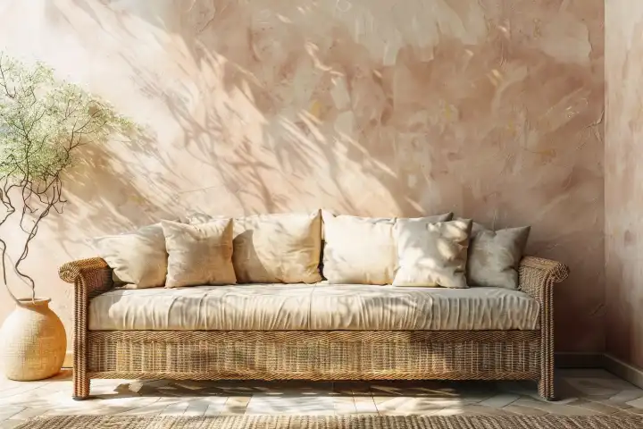 Ein helles und gemütliches Sofa vor einer pastellfarbenen Wand mit Kopierraum, generiert mit KI