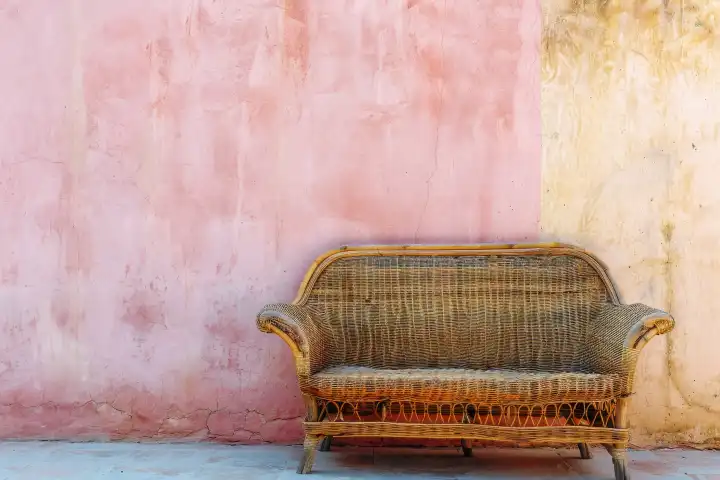 Ein helles und gemütliches Sofa vor einer pastellfarbenen Wand mit Kopierraum, generiert mit KI