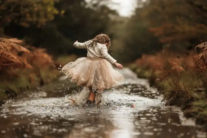 Ein kleines Mädchen springt in ihrem schönen Kleid und ihren Gummistiefeln in eine Pfütze, generiert mit KI