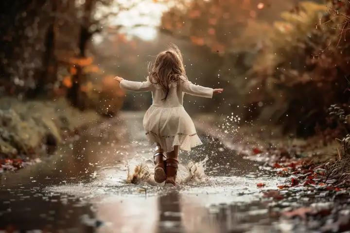 Ein kleines Mädchen springt in ihrem schönen Kleid und ihren Gummistiefeln in eine Pfütze, generiert mit KI