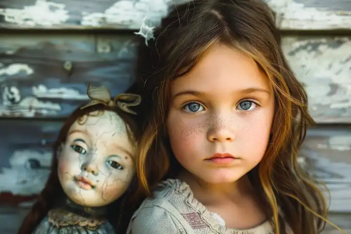 Ein kleines Mädchen mit einer Perzellanpuppe mit dem gleichen Gesicht wie das Mädchen, generiert mit KI