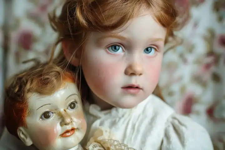 Ein kleines Mädchen mit einer Perzellanpuppe mit dem gleichen Gesicht wie das Mädchen, generiert mit KI