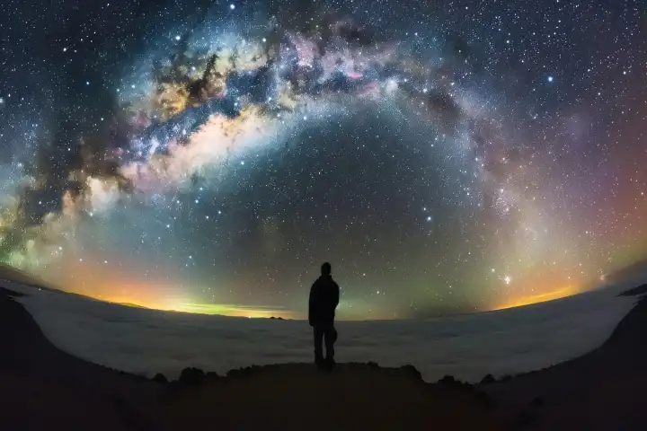 Eine einsame Person blickt in den atemberaubenden Himmel mit Sternen und Planeten, generiert mit KI