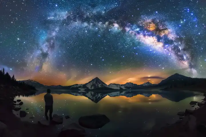 Eine einsame Person blickt in den atemberaubenden Himmel mit Sternen und Planeten, generiert mit KI