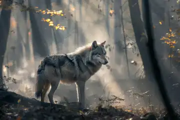 A lonely wolf in a misty forest with sunbeams, generated with AI