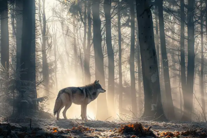 Ein einsamer Wolf in einem nebligen Wald mit Sonnenstrahlen, generiert mit KI