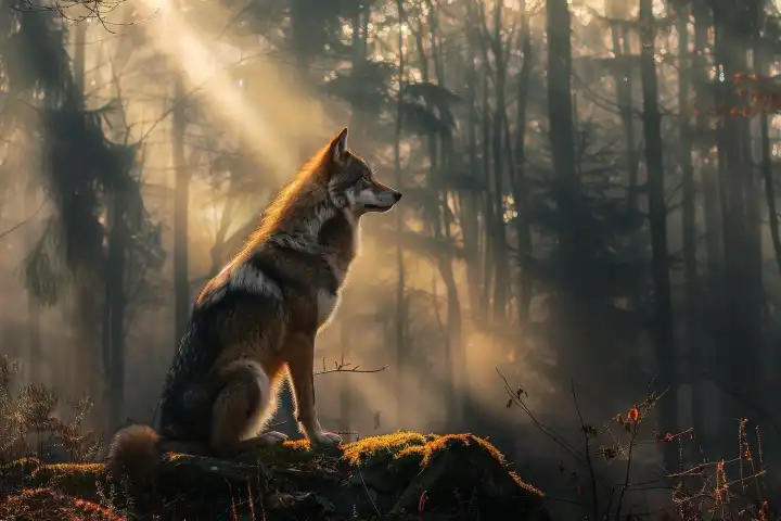 Ein einsamer Wolf in einem nebligen Wald mit Sonnenstrahlen, generiert mit KI