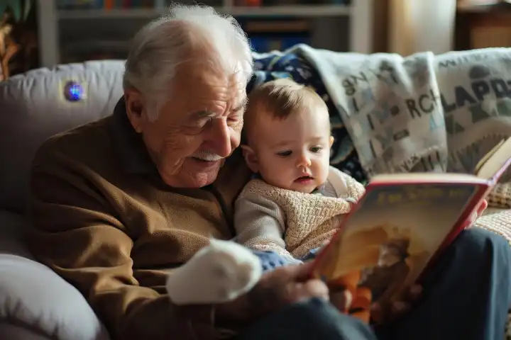 Ein liebevoller Großelternteil, der einem kleinen Kind auf einer gemütlichen Couch ein Märchenbuch vorliest, generiert mit KI